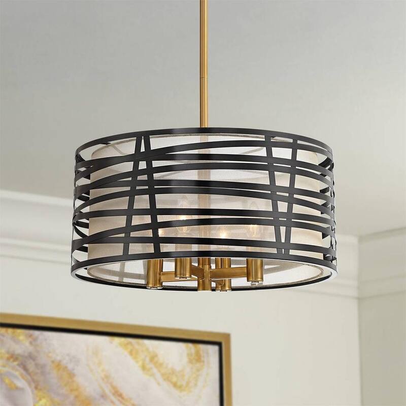 Brass Pendant Chandelier 20" Industrial Double Shade 4Light Fixture